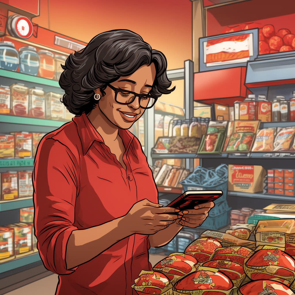 Text: Woman holding a product and using the Scannoli app on her smartphone to scan its ingredients.